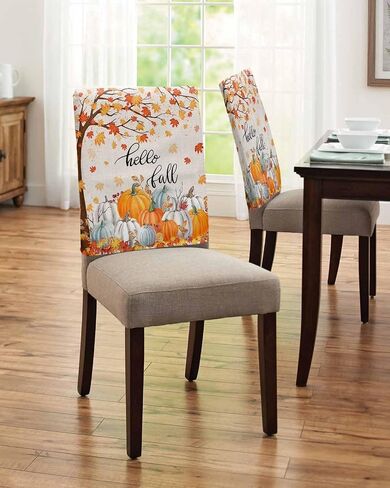 Thanksgiving Pumpkin Dining Chair Covers for Kitchen 4 Pcs,Hello Fall Quote Orange Maple Leaf Rustic Chair Back Slipcovers,Linen Autumn Removable Stretch Seat Covers for Dining Room Hotel Restaurant in Saudi Arabia