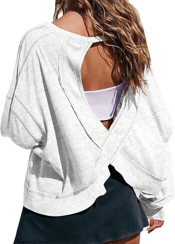 Wenlia Women's Open Back Workout Crop Tops Long Sleeve Casual Shirts Athletic Gym Yoga Tee with Thumb Hole in Saudi Arabia