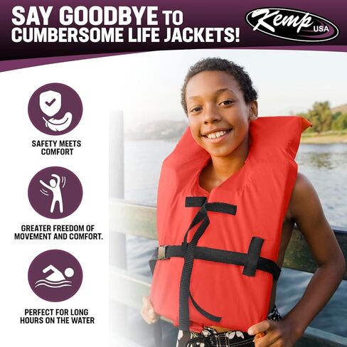 سترة نجاة Kemp USA Type 2 PFD للبالغين - سترة نجاة خفيفة الوزن وقابلة للتعديل للبالغين مع إغلاق بإبزيم - برتقالي in Kuwait