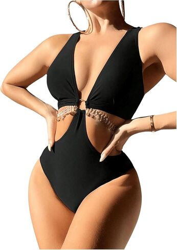 OYOANGLE Women's One Piece Swimsuit Cut Out Ring Linked Deep V Neck Wireless Swimwear in Saudi Arabia
