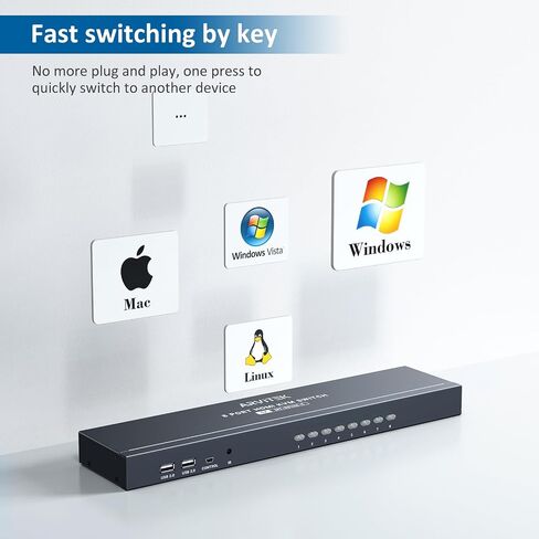 Arvitek VGA KVM Switch 8 Port، USB KVM Switches 8 in 1 Out Selector for 8 PCs Share 1 Monitor و4 أجهزة USB لوحة المفاتيح والماوس والطابعة والماسح الضوئي والسماعات in Kuwait