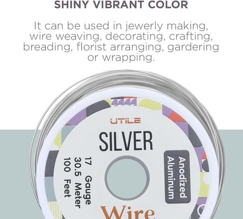 UTILE Armature سلك ألومنيوم 100 قدم 17 قياس 1.4 مم سلك قابل للانحناء بأكسيد حرفية - نحت سلك فضي معدني لأشجار البونساي والطين والحرف اليدوية والنباتات والبستنة والديكور وصناعة المجوهرات (فضي) in Kuwait
