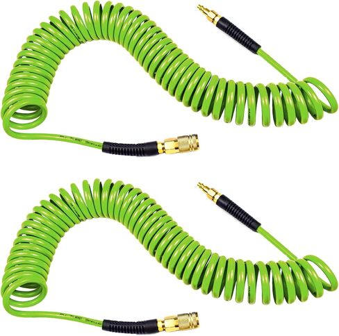 YOTOO Polyurethane Recoil Air Hose 1/4" Inner Diameter by 25' Long with Bend Restrictor, 1/4" Industrial Quick Coupler and Plug, Green. 2-Pack in Kuwait