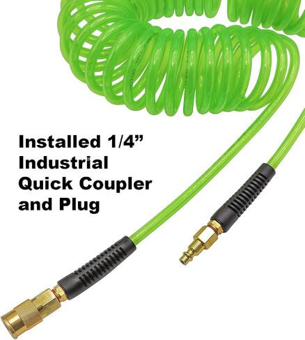 YOTOO Polyurethane Recoil Air Hose 1/4" Inner Diameter by 25' Long with Bend Restrictor, 1/4" Industrial Quick Coupler and Plug, Green. 2-Pack in Kuwait