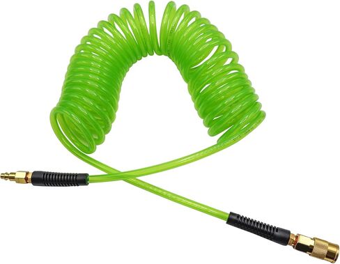 YOTOO Polyurethane Recoil Air Hose 1/4" Inner Diameter by 25' Long with Bend Restrictor, 1/4" Industrial Quick Coupler and Plug, Green. 2-Pack in Kuwait