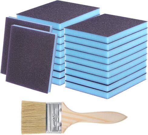 HARFINGTON 21pcs Sanding Sponges 320-400 Grit 4" x 5" Reusable & Washable, Double-Sided Flexible Hand Sanding Block for Wood Drywall Metal Furniture Polishing, with 2.5" Paint Brush, Blue in Saudi Arabia