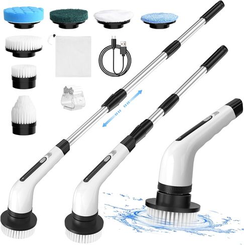 Ibelor Electric Spin Scrubber, 2 Adjustable Speeds Cordless Electric Scrubber for Cleaning, Adjustable & Detachable Handle Shower Scrubber with 7 Replaceable Brush Heads for Floor,Bathroom,Tub,Tile in Saudi Arabia