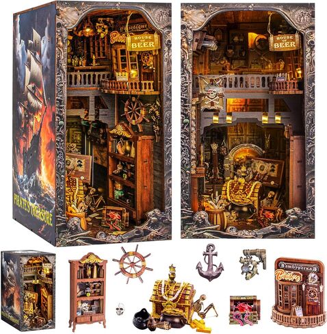 Wimlade Book Nook Kits for Adults, 3D Pirate Ship Puzzle DIY Miniature House Kit for Bookshelf Insert Decor, Wooden Puzzles for Adults with LED Lights, Halloween/Christmas Gifts for Adults and Teens in Kuwait
