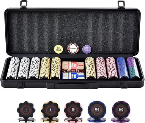 VEVOR Poker Chip Set, 500-Piece Poker Set, Complete Poker Playing Game Set with Carrying Case, Heavyweight 14 Gram Casino Clay Chips, Cards, Buttons and Dices, for Texas Hold'em, Blackjack, Gambling in Saudi Arabia