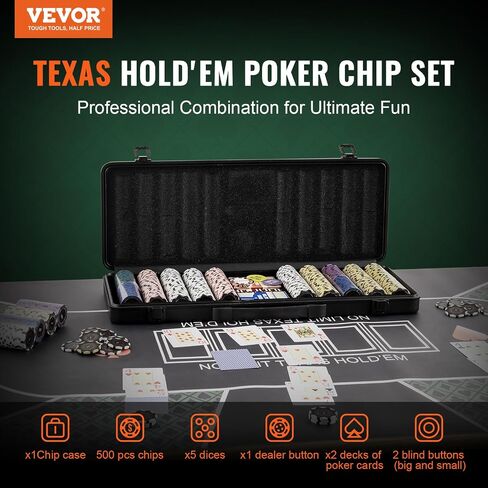 VEVOR Poker Chip Set, 500-Piece Poker Set, Complete Poker Playing Game Set with Carrying Case, Heavyweight 14 Gram Casino Clay Chips, Cards, Buttons and Dices, for Texas Hold'em, Blackjack, Gambling in Saudi Arabia