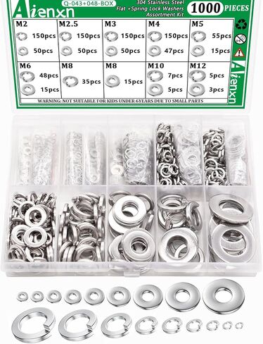 1000PCS Spring Lock Washers Assortment Kit, 9 SAE Sizes -#4, #6, #8, #10, #12, 1/4", 5/16", 3/8", 1/2", 304 Stainless Steel Washers for Bolts Screws, Split Lock Washer Set in Saudi Arabia
