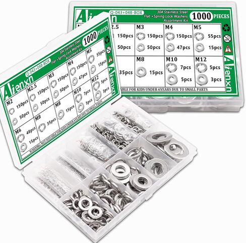 1000PCS Spring Lock Washers Assortment Kit, 9 SAE Sizes -#4, #6, #8, #10, #12, 1/4", 5/16", 3/8", 1/2", 304 Stainless Steel Washers for Bolts Screws, Split Lock Washer Set in Saudi Arabia