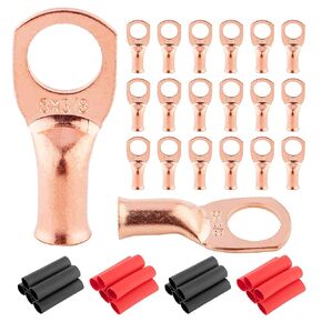 RED WOLF 20 PCs 8 Gauge x 3/8" Copper Wire Ring Terminals Connector Lug Battery Cable Ends Stud W/3:1 Heat Shrink Tubing Tube Black & Red Each 10 PCs for Electrical Vehicle Boat Marine