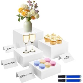 4PSC White Buffet Risers, Food Risers for Buffet Table,Display Stand Shelf for Catering Dessert Collectibles for Party Decor, Acrylic Cube Display Nesting Risers with Hollow Bottoms - Set of 4