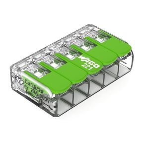 221-425 | WAGO Splicing Connector Green Range | for Solid, Stranded and fine-Stranded Conductors | 5-Conductor with levers | 24-12 AWG | Transparent housing | [25 Pieces]