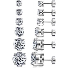 6 Pairs Stud Earrings for Women, Surgical Steel Earrings Set Lightweight and Trendy 316L CZ Cartilage Earlobes Hypoallergenic(Sliver)