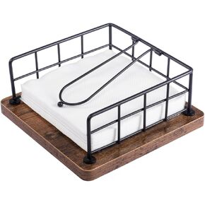 Wooden Napkin Holder – Rustic Farmhouse Style with Weighted Arm, Metal Organizer for Kitchen, Dining, Weddings & Events