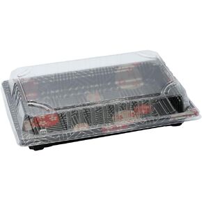 EcoQuality Large Black Sushi Trays with Lids 8.5 x 5.5 Inch - Disposable Sushi Packaging Box, Carry Out Container, Take Out Boxes, Black Plastic To Go Containers, Entrees, Appetizers or Desserts (50)