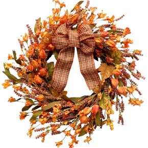 Idyllic 18 Inches Artificial Fall Wreath, Autumn Wreath with Berries & Leaves, Thanksgiving Harvest Front Door Wreath for Home Farmhouse Halloween Thanksgiving Day Festival Celebration Decor