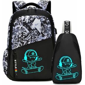 Skateboard Anime Luminous School Backpack with USB Charging Port, Anti Theft Lock, Lunch Bag & Pencil Case for Teen Boys and Girls, College Bookbag Lightweight Laptop Bag, Blue