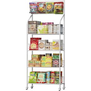 lesolar Retail Store Candy Chip Display Shelves Rack, 4 Tiered Snack Chip Rack Display Stand, Metal Snack Bar Organizer Cart with Wheels and Hooks