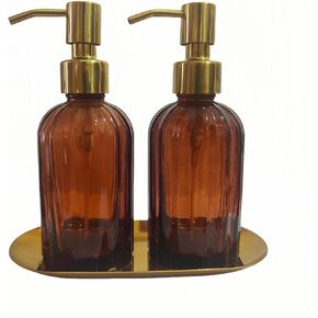 2PCS Soap Dispenser Set with Stainless Steel Tray, Thickened High-Gloss Brown Glass Bottle and Gold Stainless Steel Pump for Bathroom Kitchenblue soap Dispenser and Gift.