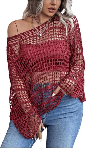 Women's Plus Size Off The Shoulder Tops Flounce Sleeve Hollow Out Crochet Lightweight Pullover Tops in Saudi Arabia