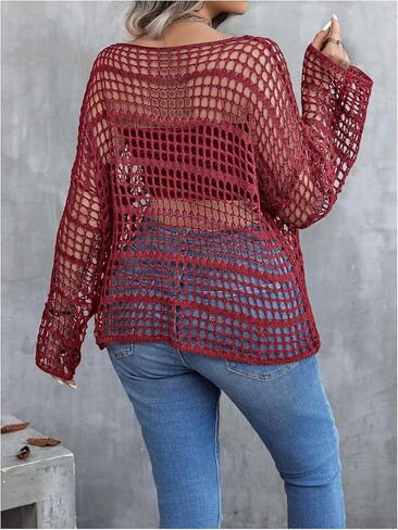 Women's Plus Size Off The Shoulder Tops Flounce Sleeve Hollow Out Crochet Lightweight Pullover Tops in Saudi Arabia
