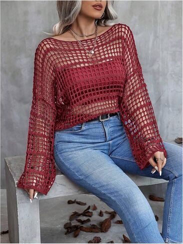 Women's Plus Size Off The Shoulder Tops Flounce Sleeve Hollow Out Crochet Lightweight Pullover Tops in Saudi Arabia