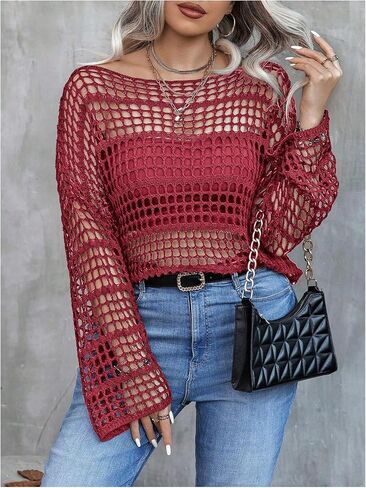 Women's Plus Size Off The Shoulder Tops Flounce Sleeve Hollow Out Crochet Lightweight Pullover Tops in Saudi Arabia