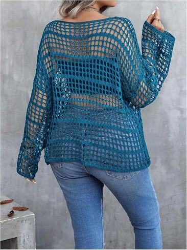 Women's Plus Size Off The Shoulder Tops Flounce Sleeve Hollow Out Crochet Lightweight Pullover Tops in Saudi Arabia