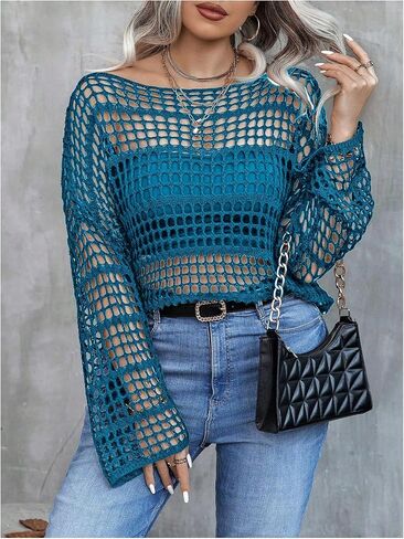 Women's Plus Size Off The Shoulder Tops Flounce Sleeve Hollow Out Crochet Lightweight Pullover Tops in Saudi Arabia