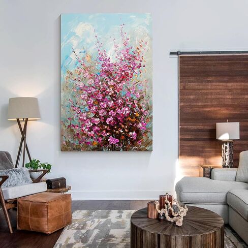 CNYIHUART Hand-Painted Pink Flowers Oil Painting, Gallery Wrapped Framed Flowers 3D Textured Art, Wildflowers Blooming Flora Wall Art Flowers Artwork Decor (F, 24x36 inches) in Saudi Arabia
