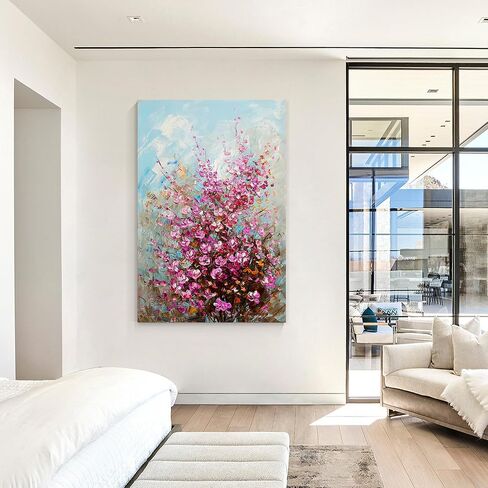 CNYIHUART Hand-Painted Pink Flowers Oil Painting, Gallery Wrapped Framed Flowers 3D Textured Art, Wildflowers Blooming Flora Wall Art Flowers Artwork Decor (F, 24x36 inches) in Saudi Arabia