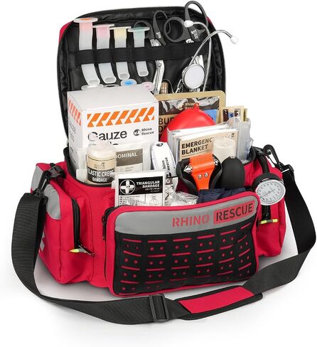 RHINO RESCUE First Responder First Aid Kit حقيبة EMT مخزنة بالكامل، FSA HSA مؤهلة، مجموعة طبية احترافية للصدمات EMT/EMS، نظام مولي، حقيبة عاكسة مع 5 جيوب بسحاب، 300+ لوازم الإسعافات الأولية in Kuwait