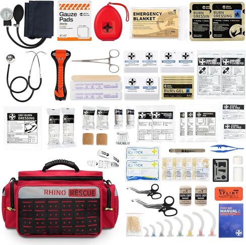 RHINO RESCUE First Responder First Aid Kit حقيبة EMT مخزنة بالكامل، FSA HSA مؤهلة، مجموعة طبية احترافية للصدمات EMT/EMS، نظام مولي، حقيبة عاكسة مع 5 جيوب بسحاب، 300+ لوازم الإسعافات الأولية in Kuwait