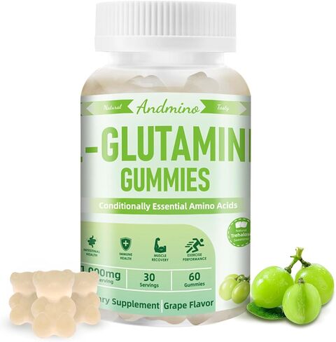 L-Glutamine Gummies 1000 mg, with Trehalose, L Glutamine Supplement Support Intestinal, Boost Immune & Muscle Health, for Adults & Kids, Non-GMO, Vegan, Gluten Free, Grape Flavor, 60 in Saudi Arabia