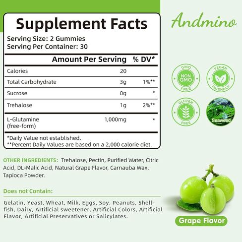L-Glutamine Gummies 1000 mg, with Trehalose, L Glutamine Supplement Support Intestinal, Boost Immune & Muscle Health, for Adults & Kids, Non-GMO, Vegan, Gluten Free, Grape Flavor, 60 in Saudi Arabia