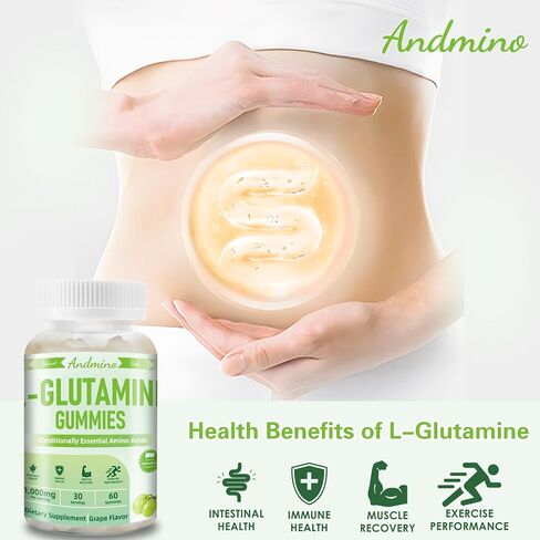 L-Glutamine Gummies 1000 mg, with Trehalose, L Glutamine Supplement Support Intestinal, Boost Immune & Muscle Health, for Adults & Kids, Non-GMO, Vegan, Gluten Free, Grape Flavor, 60 in Saudi Arabia