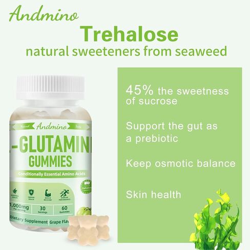 L-Glutamine Gummies 1000 mg, with Trehalose, L Glutamine Supplement Support Intestinal, Boost Immune & Muscle Health, for Adults & Kids, Non-GMO, Vegan, Gluten Free, Grape Flavor, 60 in Saudi Arabia