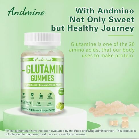 L-Glutamine Gummies 1000 mg, with Trehalose, L Glutamine Supplement Support Intestinal, Boost Immune & Muscle Health, for Adults & Kids, Non-GMO, Vegan, Gluten Free, Grape Flavor, 60 in Saudi Arabia