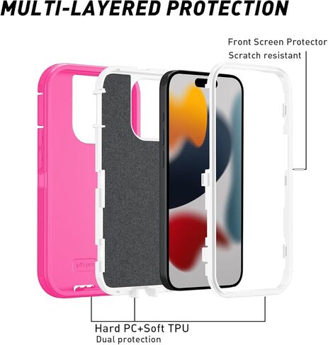 حافظة لهاتف آيفون 15 برو ماكس، مضادة للسقوط والغبار والصدمات، شديدة التحمل من الدرجة العسكرية لحماية الجسم بالكامل، غطاء متين (أحمر/أسود) in Kuwait