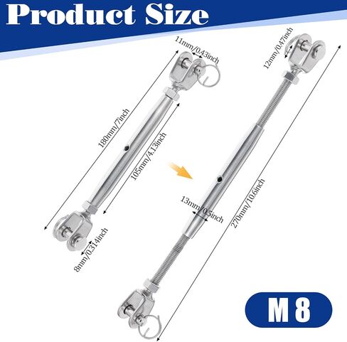 5/16"(M8) Stainless Steel Jaw and Jaw Turnbuckle, Heavy Duty Turnbuckle Closed Body Jaw & Swage, Durable, Weather Resistant, Stainless Turnbuckle for Wire Rope Cables, Shade Sail in Saudi Arabia