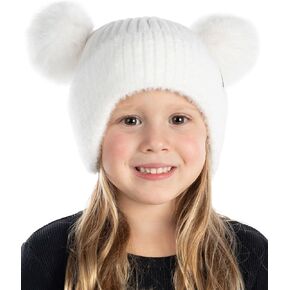 Funky Junque Toddler Beanie Winter Hat for Kids Girl Boy Children Faux Fur Double Pom Pom Earflap Ribbed Cute Warm
