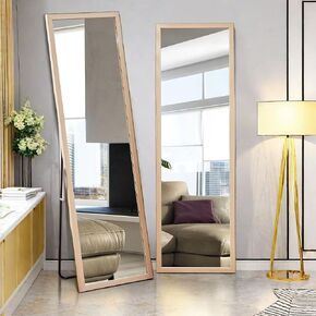 مرآة كاملة الطول مع حامل، مرآة أرضية بقياس 58 × 18 بوصة، مرآة حائط قائمة بذاتها، مرآة جسم كبيرة حديثة مع إطار خشبي لغرفة النوم وغرفة المعيشة والنوم وصالة الألعاب الرياضية، بلوط فاتح/58 in Kuwait
