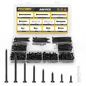 Wood Screws Assortment Kit, FIXLINK 240 PCS High Hardness Flat Head Wood Screws Set, Phillips Drive Assorted Screws, Contain 15PC Anchors and 8 Size (2-1/2",2",1-1/2",1-1/4",1",3/4",5/8",1/2"), Black