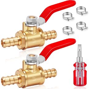 3/8'' Shut Off Valve, 2pcs Mini Brass Barb Ball Valves, 180 Degree Turn Handle 3/8 inch Heater Hose Shut off Ball Valve with Clamps, Fuel Shut Off Valve for Water Gas Fuel Drip Irrigation Heater Hose