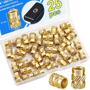 25PCS 1/4" Threaded Inserts for Plastic, 1/4"-20x12.7x8.7mm Brass Knurled Nuts, 1/4"-20 Heat Set Insert for 3D Printing Components H-077-25PCS
