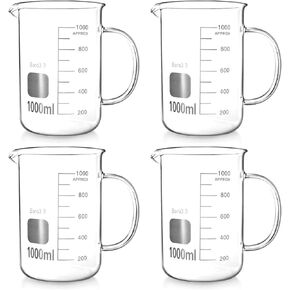 QWORK Beaker with Handle, 1000ml/33.81oz, Measuring Cup, Borosilicate Glass, Beaker Mug with Pouring Spout, 4 Pack
