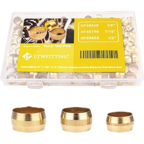 LTWFITTING Assortment Kit 3/8 7/16 1/2 Inch OD Compression Sleeves Ferrules, Brass Compression Fittings(Pack of 150)